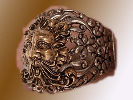 HUge Vintage Bacchus Relief bracelet hinged with figural mythology gargoyle God