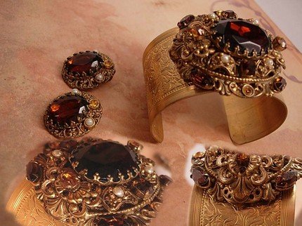 Baroque vintage Victorian Revival jeweled bracelet earrings and RING parure