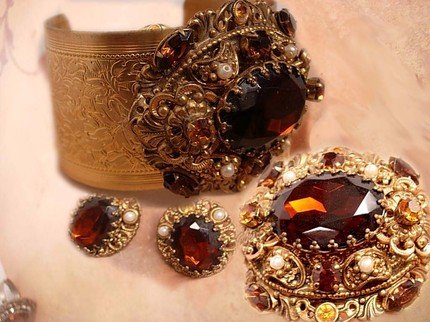 Baroque vintage Victorian Revival jeweled bracelet earrings and RING parure