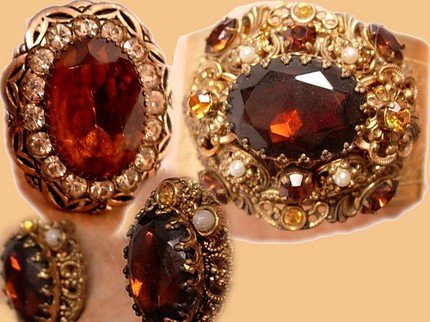 Baroque vintage Victorian Revival jeweled bracelet earrings and RING parure