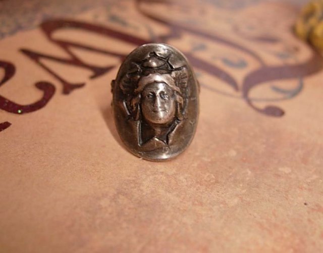 Antique Sterling Mucha Goddess Face Love token Ring