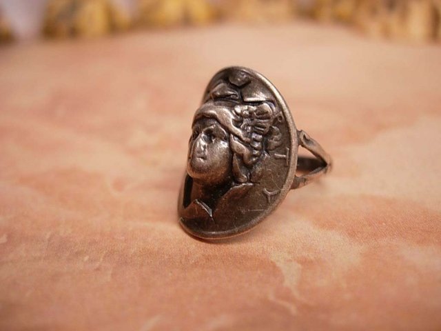 Antique Sterling Mucha Goddess Face Love token Ring