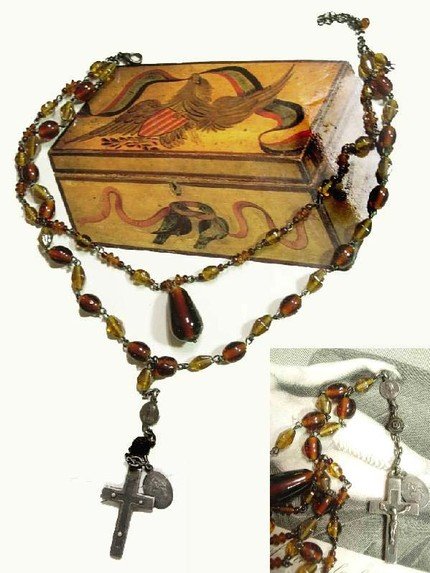1920's sterling rosary cross on tiered amber glass swags choker necklace
