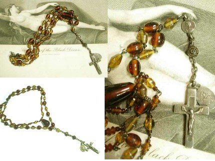 1920's sterling rosary cross on tiered amber glass swags choker necklace