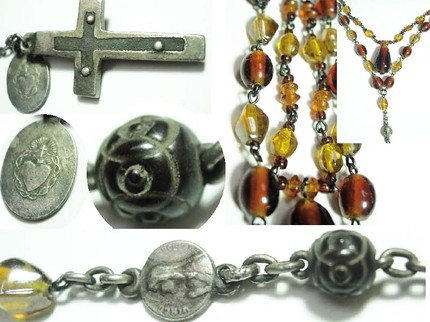 1920's sterling rosary cross on tiered amber glass swags choker necklace