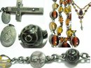 1920's sterling rosary cross on tiered amber glass swags choker necklace