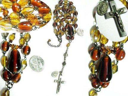 1920's sterling rosary cross on tiered amber glass swags choker necklace