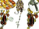1920's sterling rosary cross on tiered amber glass swags choker necklace