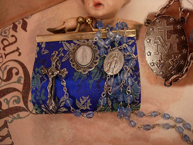 Vintage silk Rosary case with rosary and medal