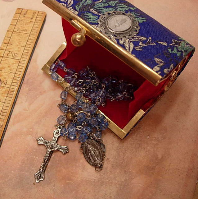 Vintage silk Rosary case with rosary and medal