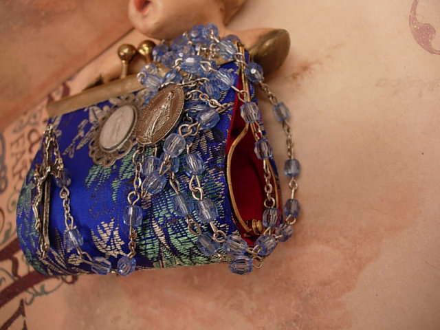 Vintage silk Rosary case with rosary and medal