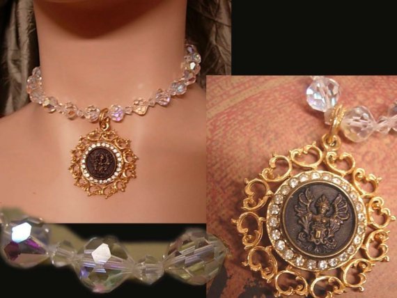 ANtique Nouveau jeweled Angel Crystal choker Necklace