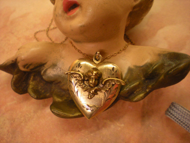 1920s Art DEco Cherub locket Sweetheart heart necklace