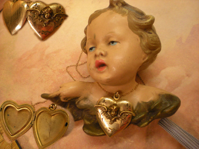 1920s Art DEco Cherub locket Sweetheart heart necklace