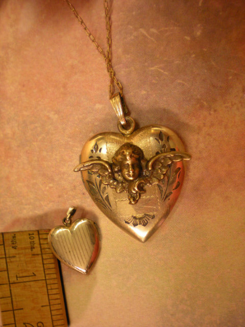 1920s Art DEco Cherub locket Sweetheart heart necklace