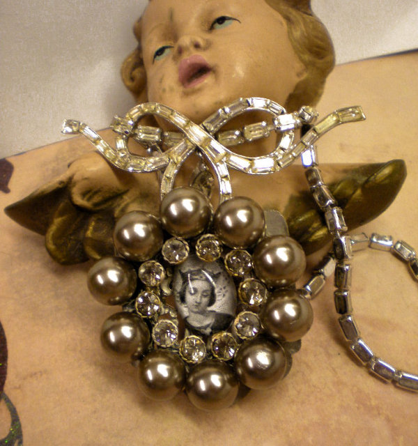 Vintage French Saint PEarl and rhinestone icon necklace
