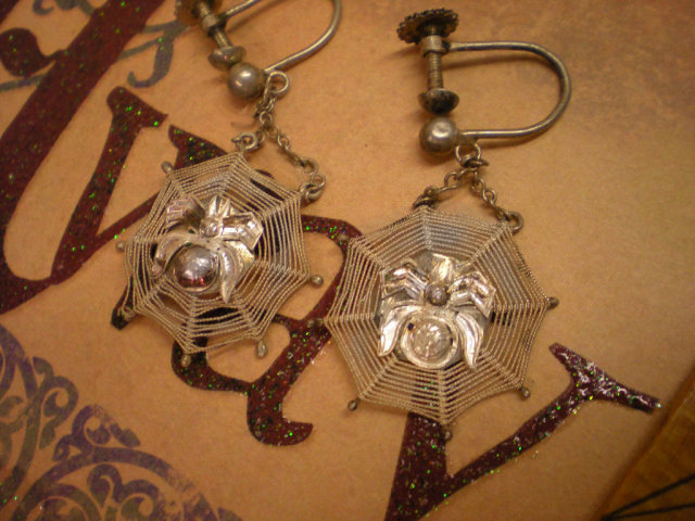 Vintage Deco SPider and Web Earrings