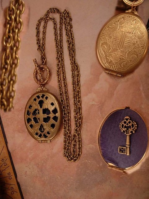 Antique Victorian Religious Medieval Locket necklace & watch chain with Miniature skeleton key