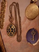 Antique Victorian Religious Medieval Locket necklace & watch chain with Miniature skeleton key