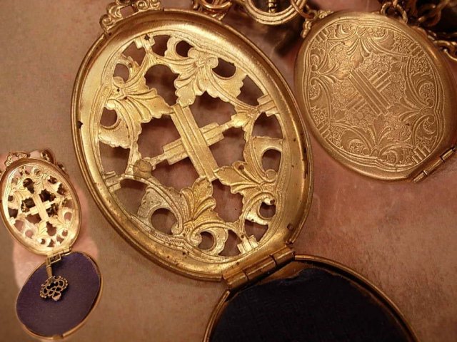 Antique Victorian Religious Medieval Locket necklace & watch chain with Miniature skeleton key
