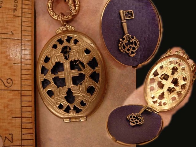 Antique Victorian Religious Medieval Locket necklace & watch chain with Miniature skeleton key