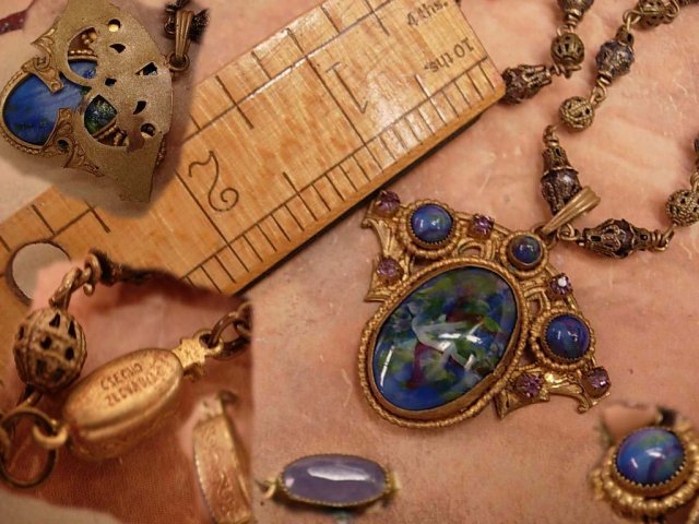 Vintage Art Nouveau Necklace Czech art glass and brass peacock colors Antique jewelry purple paste rhinestones