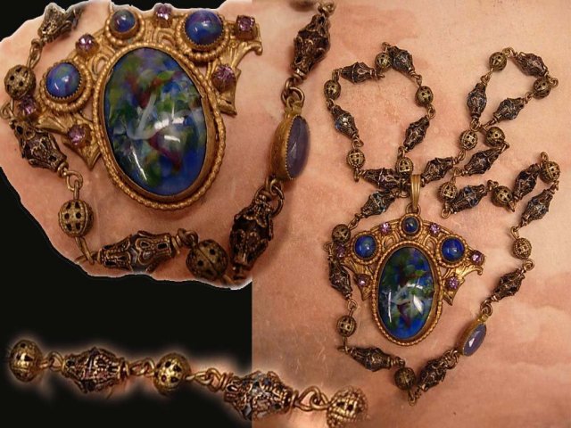 Vintage Art Nouveau Necklace Czech art glass and brass peacock colors Antique jewelry purple paste rhinestones