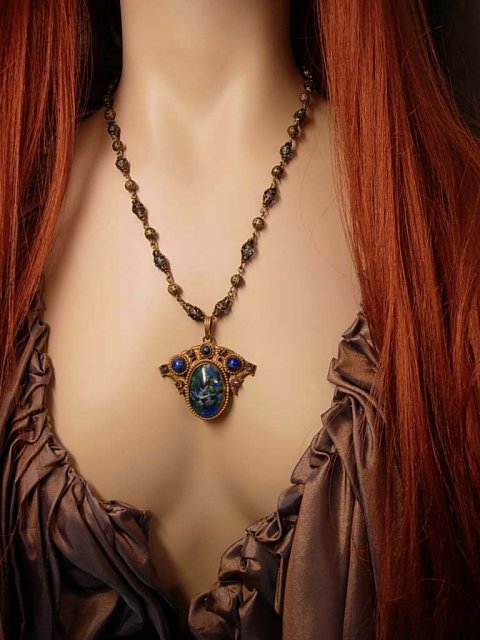Vintage Art Nouveau Necklace Czech art glass and brass peacock colors Antique jewelry purple paste rhinestones