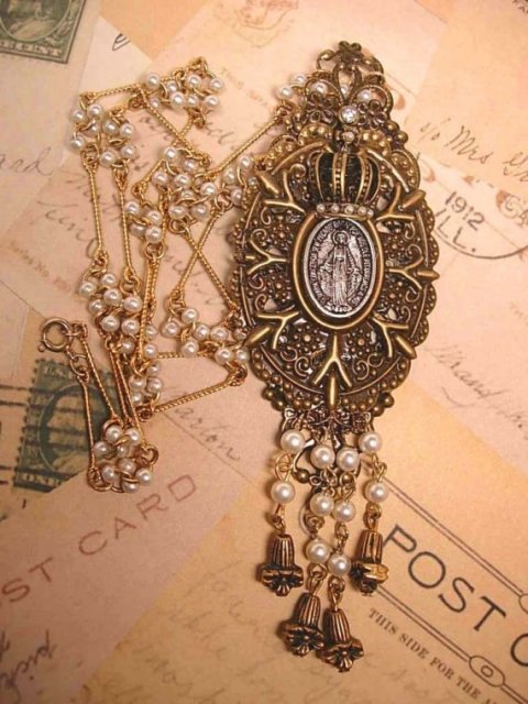 Gothic VIntage Miraculous MEdal Pearl pendant Assemblage necklace