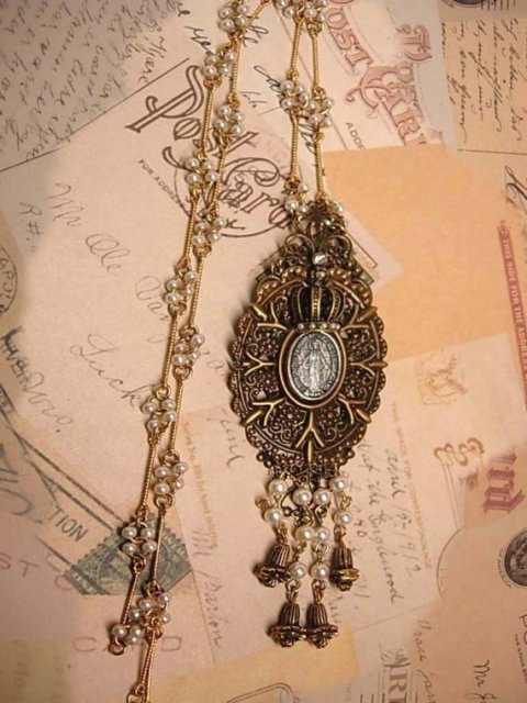 Gothic VIntage Miraculous MEdal Pearl pendant Assemblage necklace