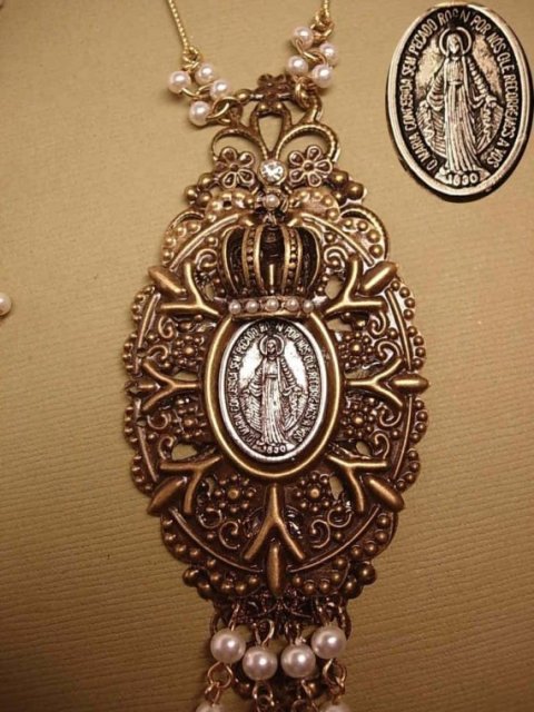 Gothic VIntage Miraculous MEdal Pearl pendant Assemblage necklace