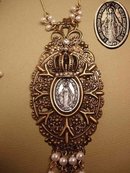 Gothic VIntage Miraculous MEdal Pearl pendant Assemblage necklace
