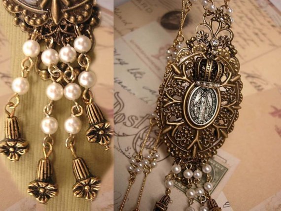Gothic VIntage Miraculous MEdal Pearl pendant Assemblage necklace