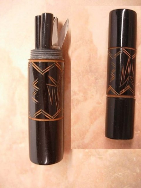 Miniature Bakelite purse Manicure set with Unusual carved design