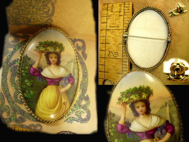 ANtique cameo brooch bohemian woman portrait Italian