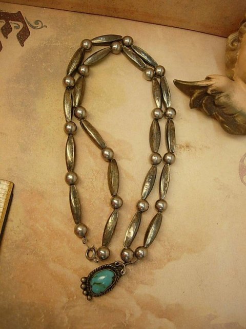 Sterling Indian Bear Claw Necklace with large beads and turquoise talisman pendant