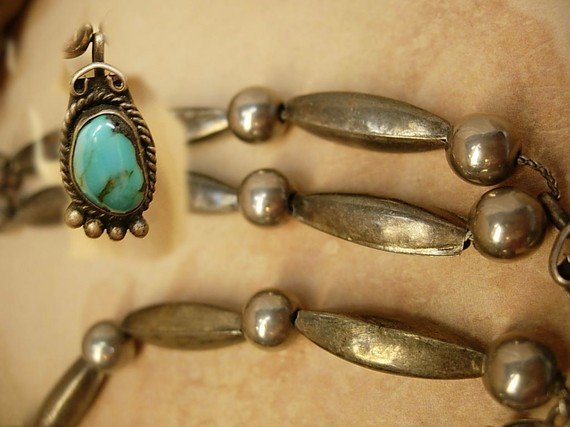 Sterling Indian Bear Claw Necklace with large beads and turquoise talisman pendant