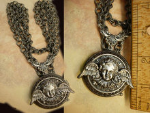 Gothic Winged Cherub locket necklace dripping in gunmetal chain