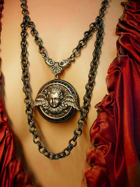 Gothic Winged Cherub locket necklace dripping in gunmetal chain