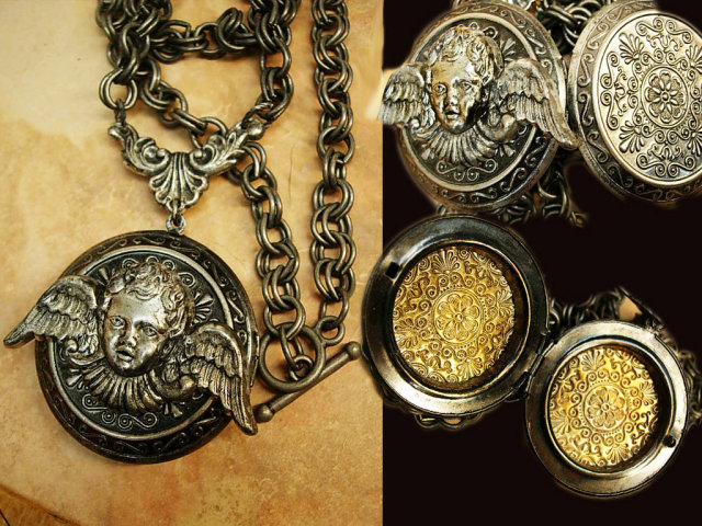 Gothic Winged Cherub locket necklace dripping in gunmetal chain