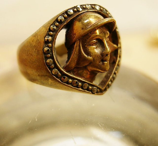 Vintage deco Mercury marcasite Ring Winged God Hermes diety