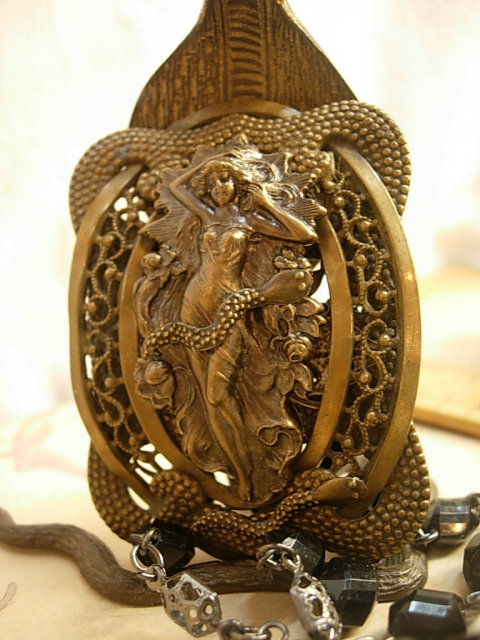 Nude Snake Charmer Necklace nouveau serpents and goddess with black faceted chain