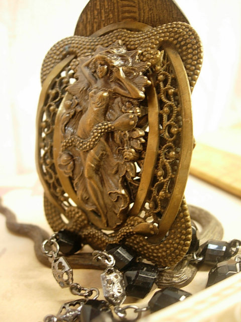 Nude Snake Charmer Necklace nouveau serpents and goddess with black faceted chain