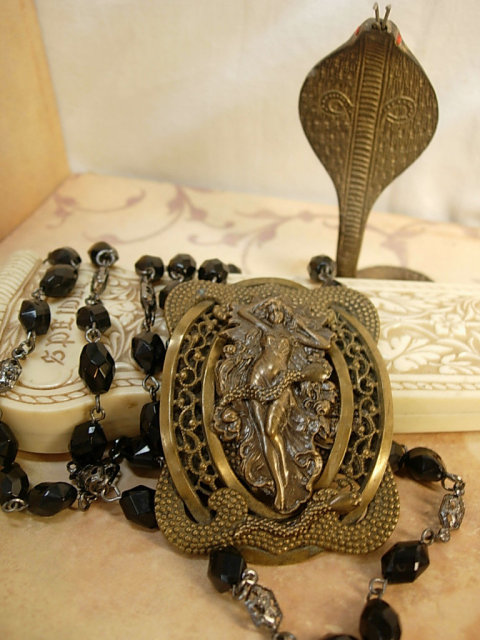 Nude Snake Charmer Necklace nouveau serpents and goddess with black faceted chain