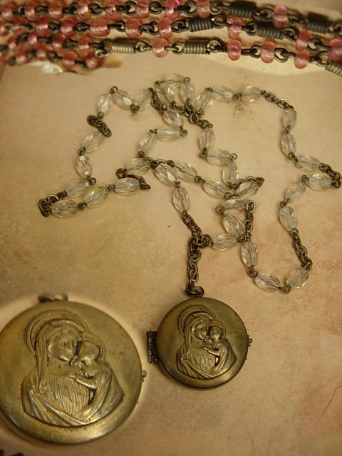 Vintage Rosary and Case locket necklace miniature childs inside Made in czechoslovakia