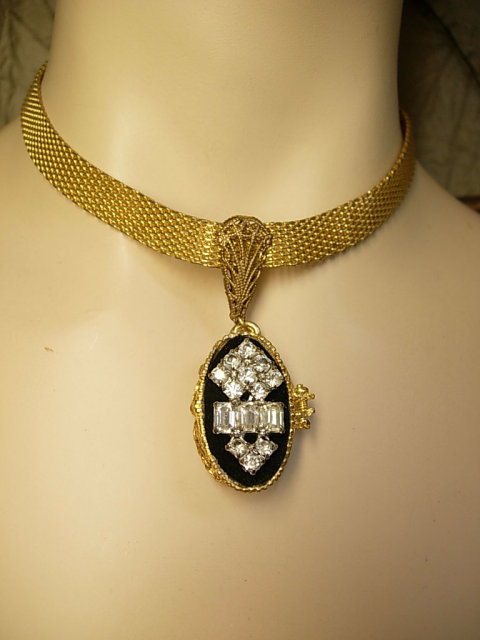 Vintage victorian mesh collar locket necklace brilliant rhinestones with deco portrait inside