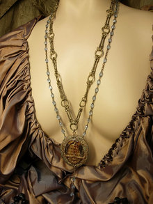 VIntage GLass rosary and renaissance Religious relief necklace fancy chain Roma Crucifix