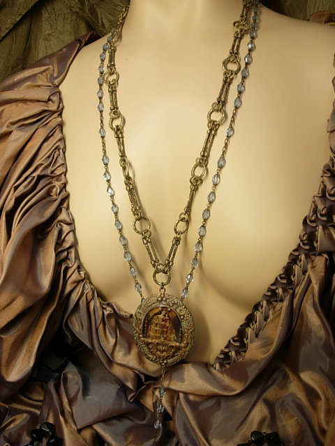 VIntage GLass rosary and renaissance Religious relief necklace fancy chain Roma Crucifix