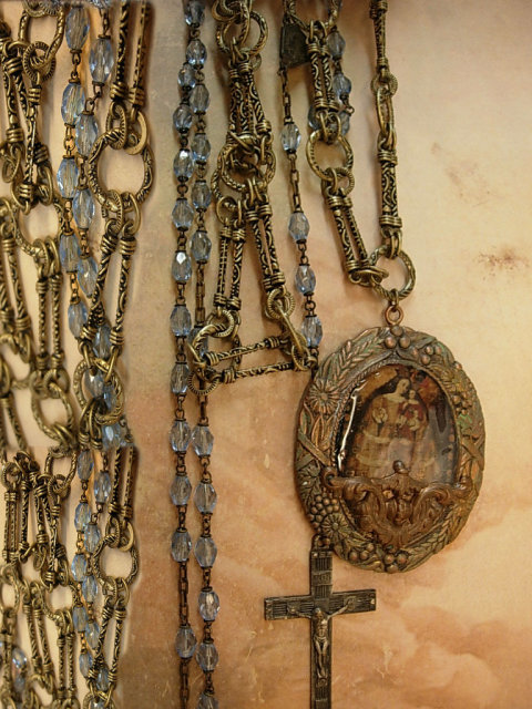 VIntage GLass rosary and renaissance Religious relief necklace fancy chain Roma Crucifix