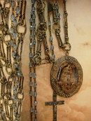 VIntage GLass rosary and renaissance Religious relief necklace fancy chain Roma Crucifix
